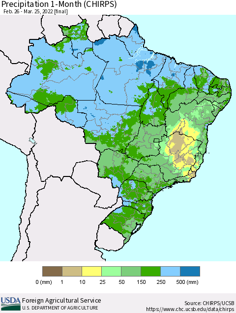 Brazil Precipitation 1-Month (CHIRPS) Thematic Map For 2/26/2022 - 3/25/2022