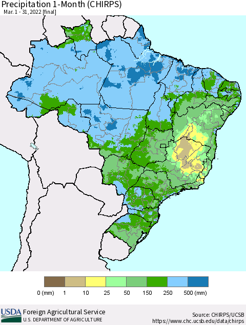 Brazil Precipitation 1-Month (CHIRPS) Thematic Map For 3/1/2022 - 3/31/2022