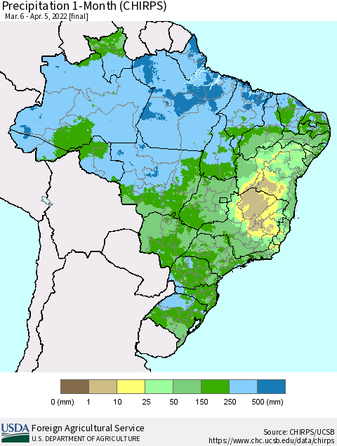 Brazil Precipitation 1-Month (CHIRPS) Thematic Map For 3/6/2022 - 4/5/2022