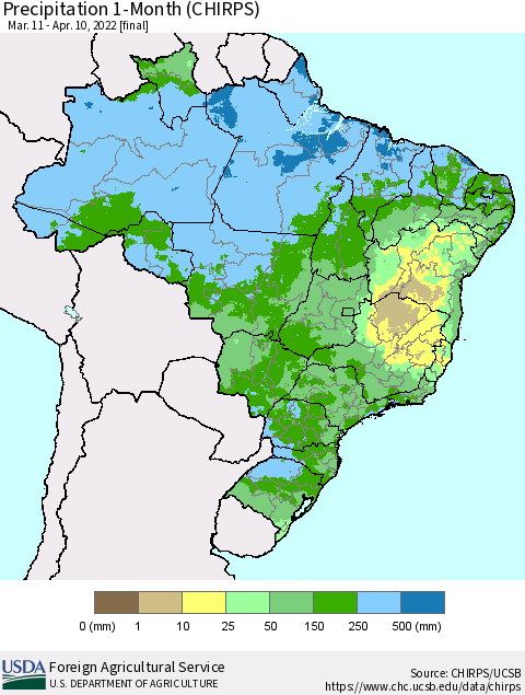 Brazil Precipitation 1-Month (CHIRPS) Thematic Map For 3/11/2022 - 4/10/2022