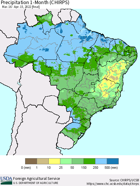 Brazil Precipitation 1-Month (CHIRPS) Thematic Map For 3/16/2022 - 4/15/2022