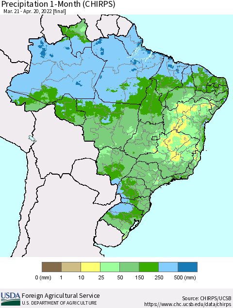 Brazil Precipitation 1-Month (CHIRPS) Thematic Map For 3/21/2022 - 4/20/2022