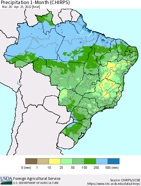 Brazil Precipitation 1-Month (CHIRPS) Thematic Map For 3/26/2022 - 4/25/2022