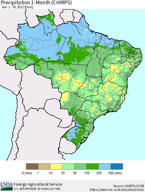 Brazil Precipitation 1-Month (CHIRPS) Thematic Map For 4/1/2022 - 4/30/2022