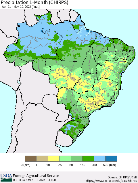 Brazil Precipitation 1-Month (CHIRPS) Thematic Map For 4/11/2022 - 5/10/2022