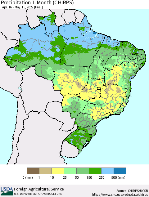 Brazil Precipitation 1-Month (CHIRPS) Thematic Map For 4/16/2022 - 5/15/2022