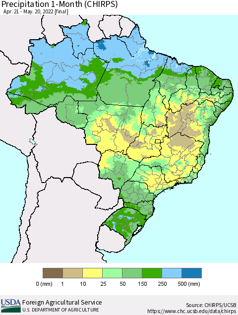 Brazil Precipitation 1-Month (CHIRPS) Thematic Map For 4/21/2022 - 5/20/2022
