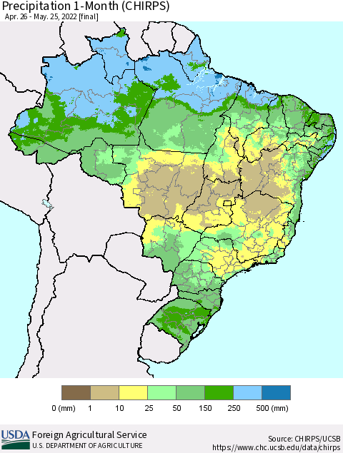 Brazil Precipitation 1-Month (CHIRPS) Thematic Map For 4/26/2022 - 5/25/2022