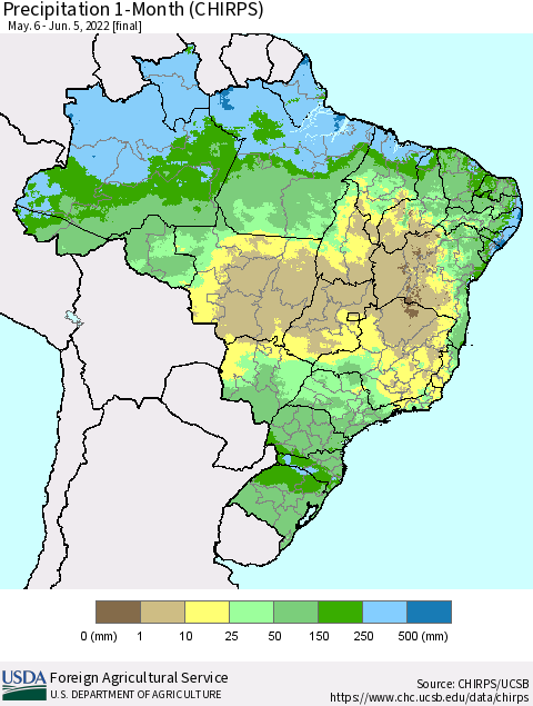 Brazil Precipitation 1-Month (CHIRPS) Thematic Map For 5/6/2022 - 6/5/2022