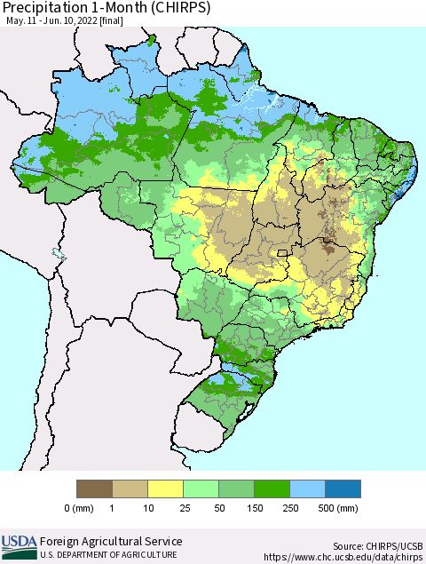 Brazil Precipitation 1-Month (CHIRPS) Thematic Map For 5/11/2022 - 6/10/2022