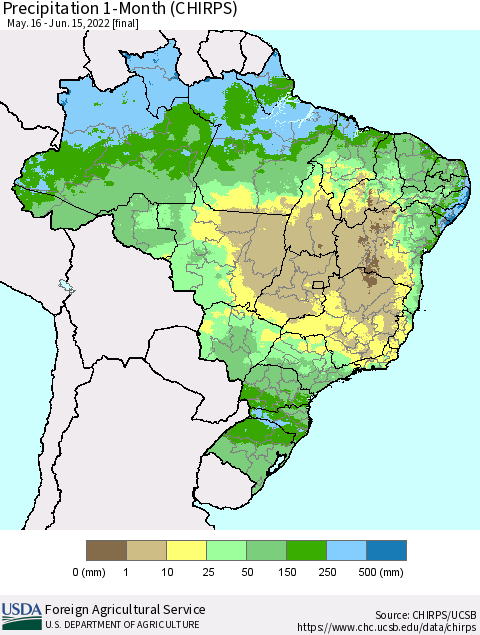 Brazil Precipitation 1-Month (CHIRPS) Thematic Map For 5/16/2022 - 6/15/2022