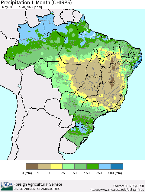 Brazil Precipitation 1-Month (CHIRPS) Thematic Map For 5/21/2022 - 6/20/2022