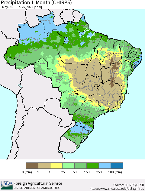 Brazil Precipitation 1-Month (CHIRPS) Thematic Map For 5/26/2022 - 6/25/2022