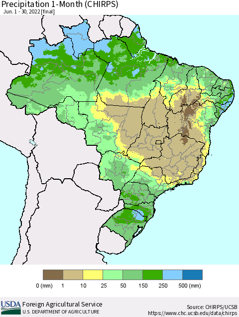 Brazil Precipitation 1-Month (CHIRPS) Thematic Map For 6/1/2022 - 6/30/2022