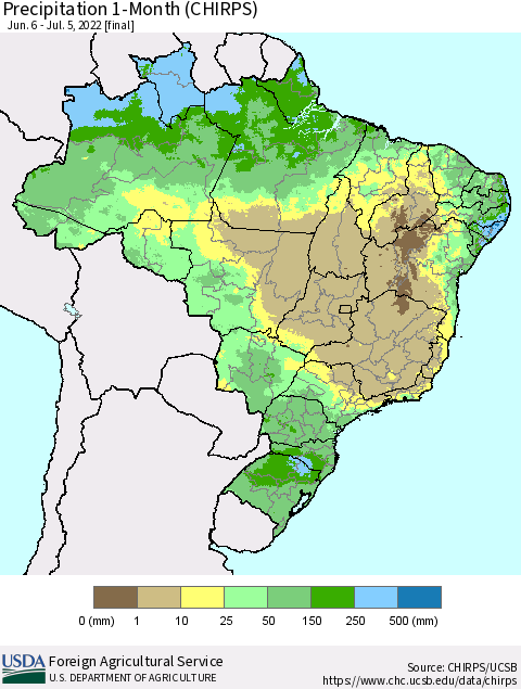 Brazil Precipitation 1-Month (CHIRPS) Thematic Map For 6/6/2022 - 7/5/2022