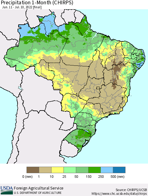 Brazil Precipitation 1-Month (CHIRPS) Thematic Map For 6/11/2022 - 7/10/2022