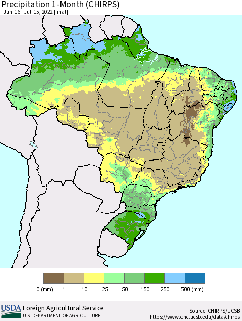 Brazil Precipitation 1-Month (CHIRPS) Thematic Map For 6/16/2022 - 7/15/2022