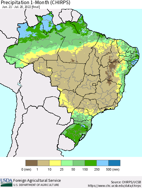Brazil Precipitation 1-Month (CHIRPS) Thematic Map For 6/21/2022 - 7/20/2022