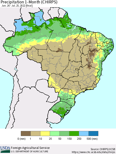 Brazil Precipitation 1-Month (CHIRPS) Thematic Map For 6/26/2022 - 7/25/2022