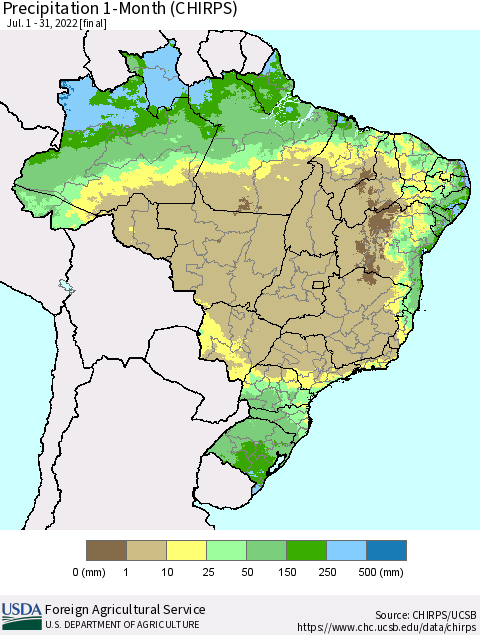 Brazil Precipitation 1-Month (CHIRPS) Thematic Map For 7/1/2022 - 7/31/2022