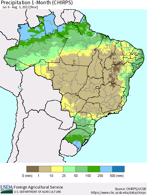 Brazil Precipitation 1-Month (CHIRPS) Thematic Map For 7/6/2022 - 8/5/2022