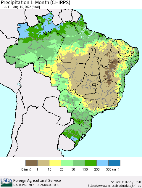 Brazil Precipitation 1-Month (CHIRPS) Thematic Map For 7/11/2022 - 8/10/2022