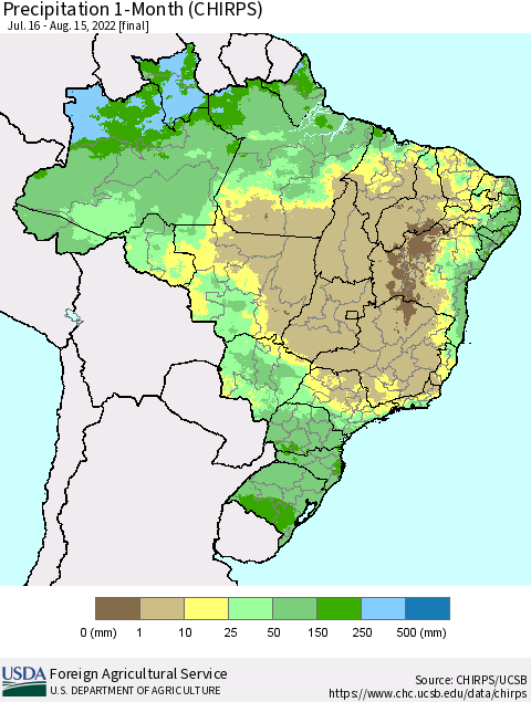 Brazil Precipitation 1-Month (CHIRPS) Thematic Map For 7/16/2022 - 8/15/2022