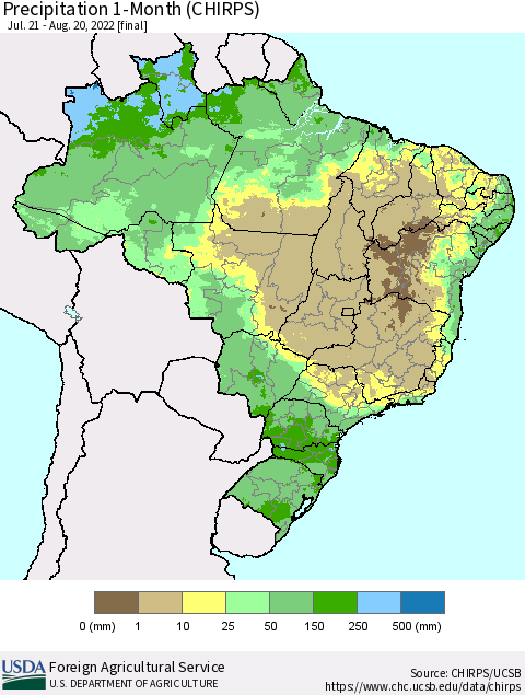 Brazil Precipitation 1-Month (CHIRPS) Thematic Map For 7/21/2022 - 8/20/2022