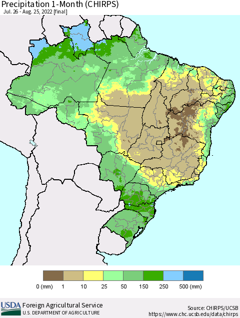 Brazil Precipitation 1-Month (CHIRPS) Thematic Map For 7/26/2022 - 8/25/2022