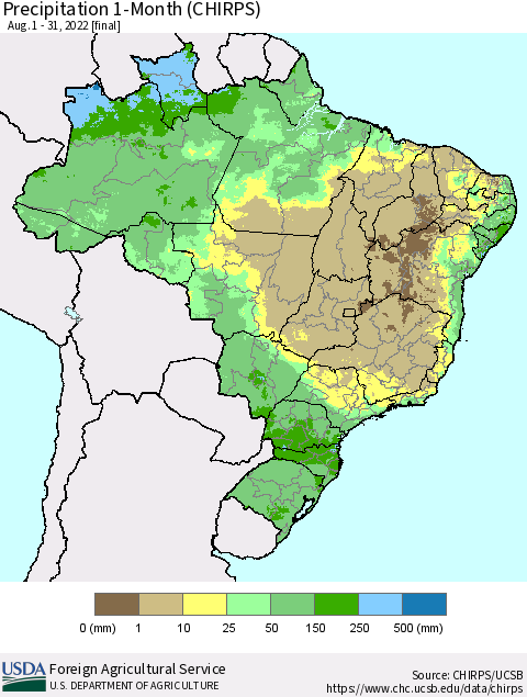 Brazil Precipitation 1-Month (CHIRPS) Thematic Map For 8/1/2022 - 8/31/2022