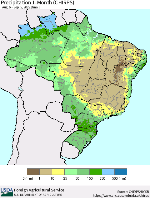 Brazil Precipitation 1-Month (CHIRPS) Thematic Map For 8/6/2022 - 9/5/2022