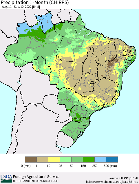 Brazil Precipitation 1-Month (CHIRPS) Thematic Map For 8/11/2022 - 9/10/2022