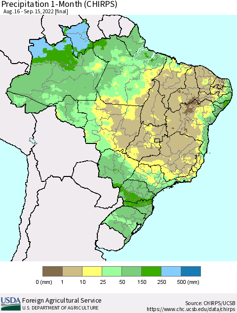 Brazil Precipitation 1-Month (CHIRPS) Thematic Map For 8/16/2022 - 9/15/2022