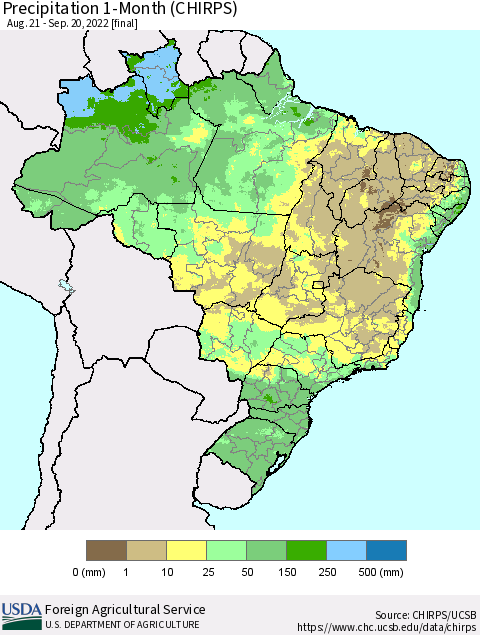 Brazil Precipitation 1-Month (CHIRPS) Thematic Map For 8/21/2022 - 9/20/2022