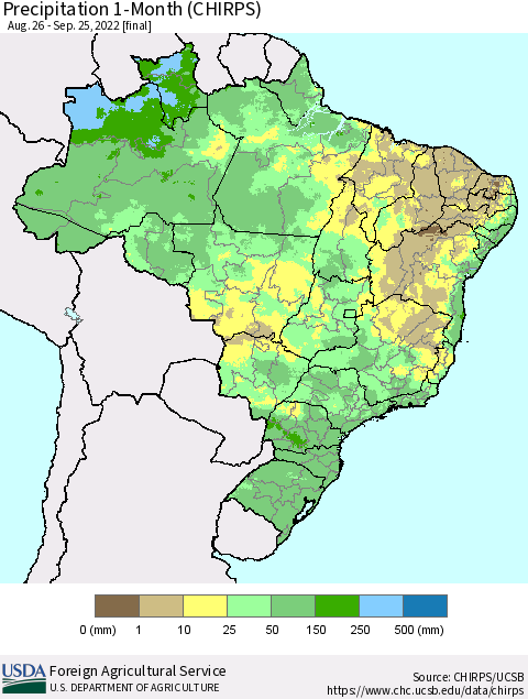 Brazil Precipitation 1-Month (CHIRPS) Thematic Map For 8/26/2022 - 9/25/2022