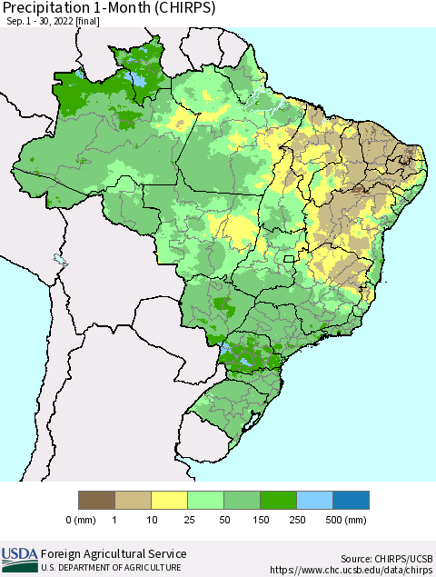Brazil Precipitation 1-Month (CHIRPS) Thematic Map For 9/1/2022 - 9/30/2022