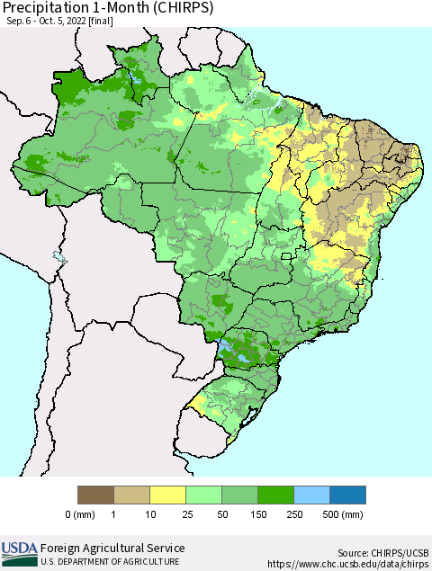 Brazil Precipitation 1-Month (CHIRPS) Thematic Map For 9/6/2022 - 10/5/2022