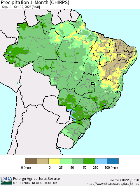 Brazil Precipitation 1-Month (CHIRPS) Thematic Map For 9/11/2022 - 10/10/2022