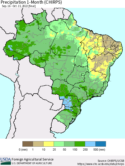 Brazil Precipitation 1-Month (CHIRPS) Thematic Map For 9/16/2022 - 10/15/2022