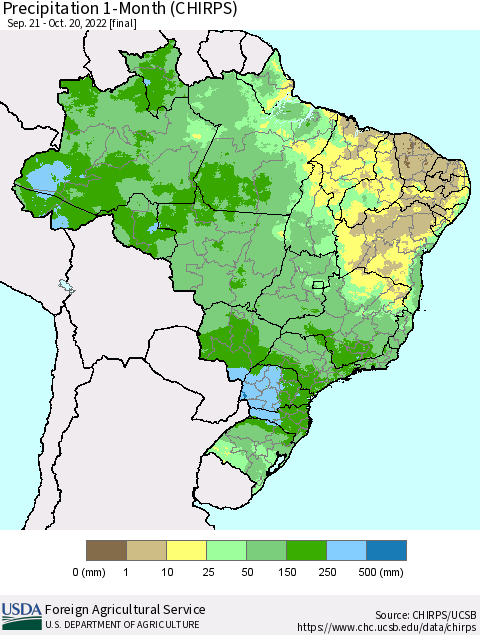 Brazil Precipitation 1-Month (CHIRPS) Thematic Map For 9/21/2022 - 10/20/2022