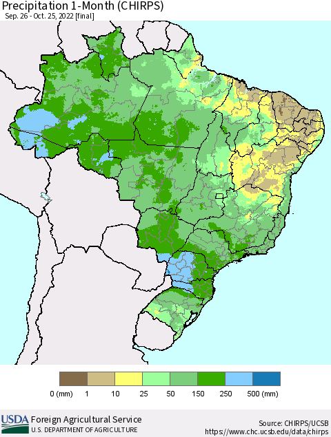 Brazil Precipitation 1-Month (CHIRPS) Thematic Map For 9/26/2022 - 10/25/2022