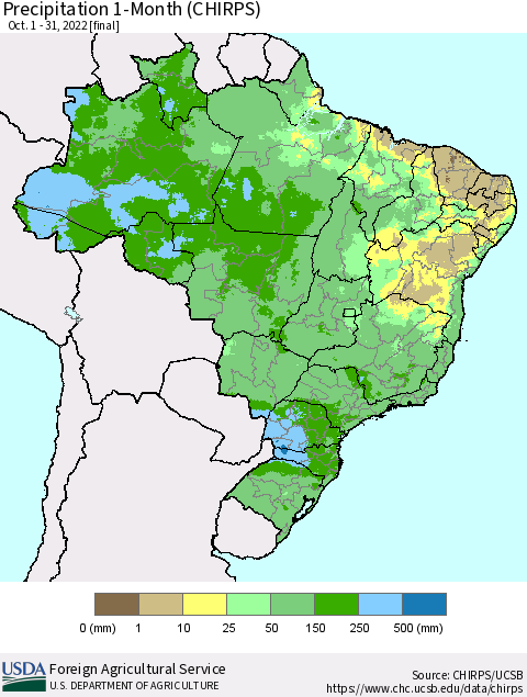 Brazil Precipitation 1-Month (CHIRPS) Thematic Map For 10/1/2022 - 10/31/2022