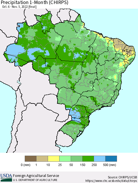 Brazil Precipitation 1-Month (CHIRPS) Thematic Map For 10/6/2022 - 11/5/2022