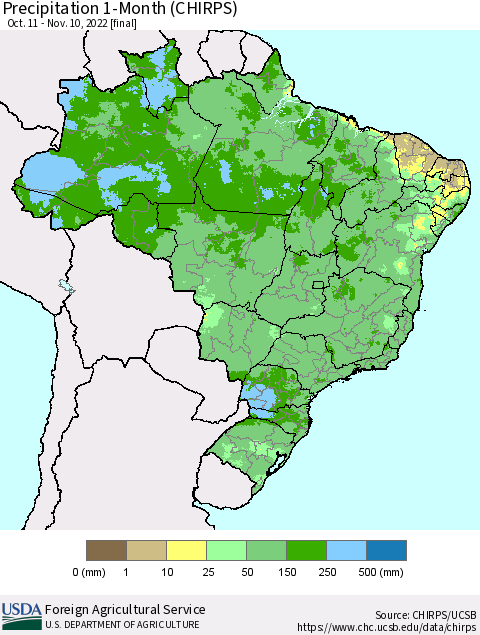 Brazil Precipitation 1-Month (CHIRPS) Thematic Map For 10/11/2022 - 11/10/2022