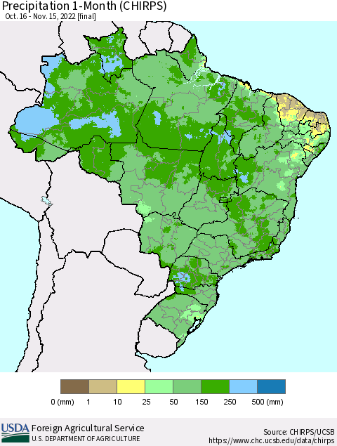 Brazil Precipitation 1-Month (CHIRPS) Thematic Map For 10/16/2022 - 11/15/2022
