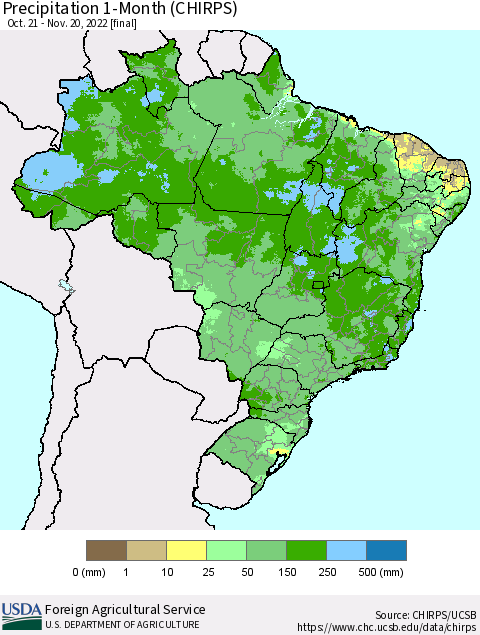 Brazil Precipitation 1-Month (CHIRPS) Thematic Map For 10/21/2022 - 11/20/2022