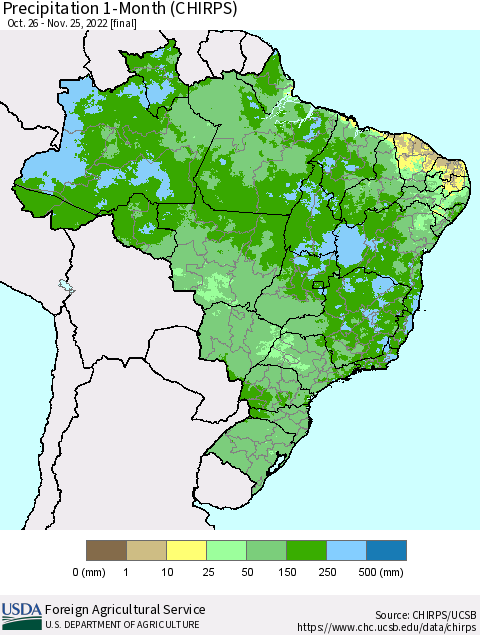 Brazil Precipitation 1-Month (CHIRPS) Thematic Map For 10/26/2022 - 11/25/2022