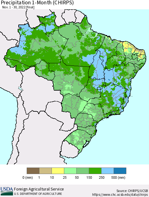 Brazil Precipitation 1-Month (CHIRPS) Thematic Map For 11/1/2022 - 11/30/2022
