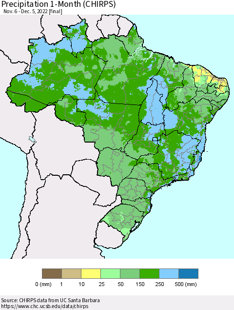 Brazil Precipitation 1-Month (CHIRPS) Thematic Map For 11/6/2022 - 12/5/2022