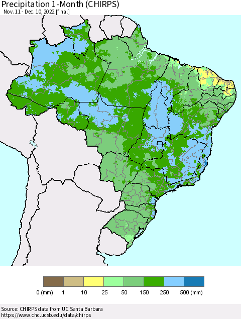 Brazil Precipitation 1-Month (CHIRPS) Thematic Map For 11/11/2022 - 12/10/2022